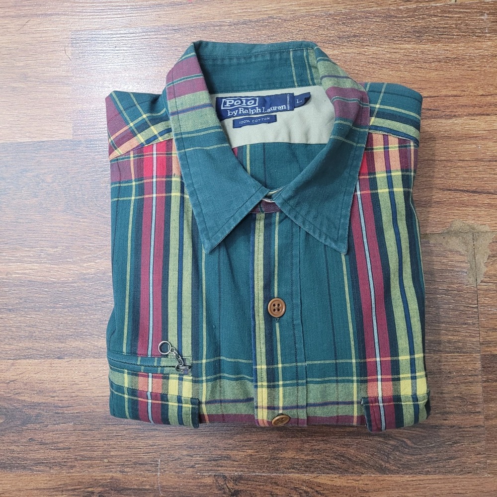 Polo Ralph Lauren Mens Green Plaid Lg Sleeve Button Down Shirt Large 100% Cotton